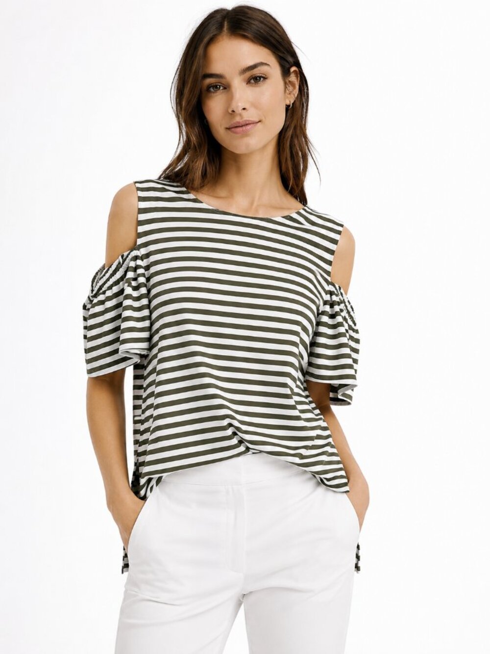 Akris Punto Silk Striped Cold Shoulder Short Sleeve Blouse Olive White Top US 8